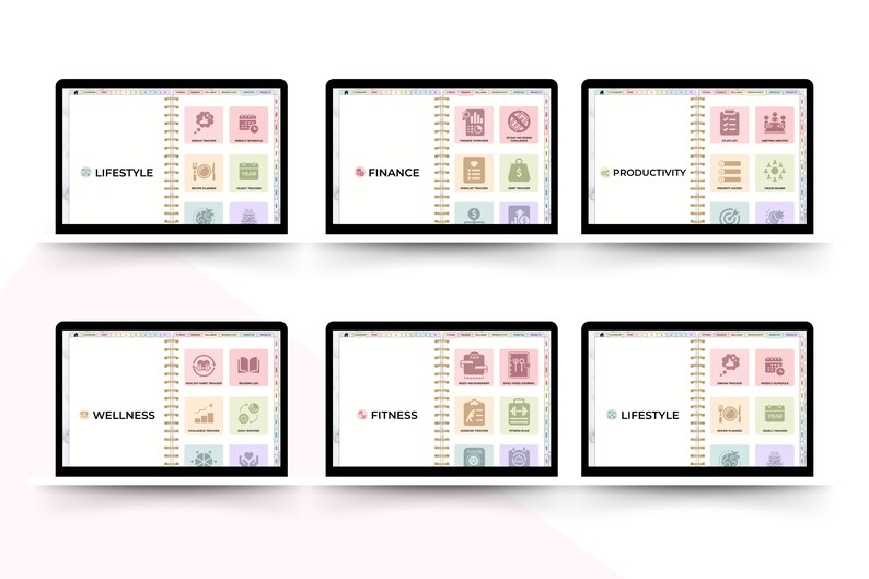 K&ouml;nnte beinhalten: Sechs digitale Planer-Bildschirme mit verschiedenen Kategorien: Lifestyle, Finanzen, Produktivit&auml;t, Wellness, Fitness und Lifestyle. Jeder Bildschirm hat ein Raster mit neun Quadraten, die Symbole f&uuml;r verschiedene Aspekte jeder Kategorie darstellen.