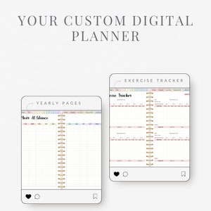 K&ouml;nnte beinhalten: Ein digitaler Planer mit zwei angezeigten Seiten. Die linke Seite ist ein Jahreskalender mit dem Titel "Year At Glance". Die rechte Seite ist ein Trainingstracker mit dem Titel "Exercise Tracker". Beide Seiten haben eine goldene Spiralbindung.