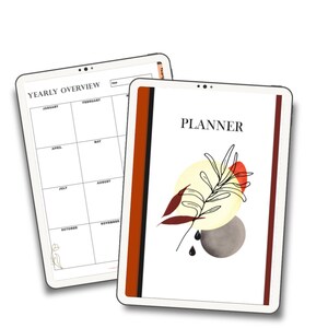May include: A digital planner with a yearly overview and a cover page featuring a stylized illustration of a branch with leaves and abstract shapes in shades of red, yellow, and gray. The text "PLANNER" is displayed at the top of the cover page.