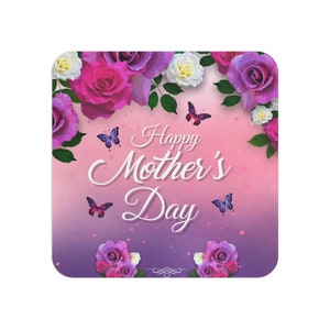 May include: A pink and purple gradient background with the text "Happy Mother's Day" in white cursive font. The background is decorated with pink and purple roses, white roses, and purple butterflies.