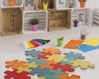 Handmade Tufted Wool Rug, Puzzle Jigsaw Rug