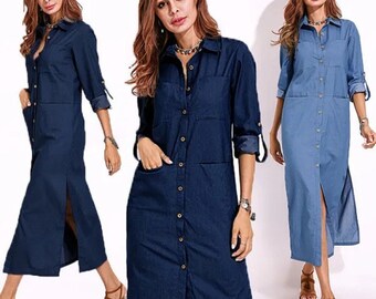 New Blue Summer Dress Women Fashion Elegant Vintage Shirt Dress; casual wear evening style; classy sassy denim like; OOTD; ready to ship