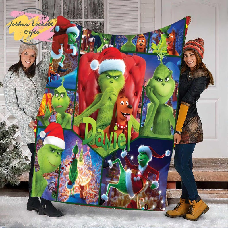 Personalized the Grinch Throw Blanket, Custom Name Grinch Quilt Blanket