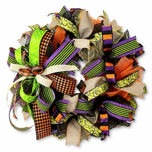 Halloween Mesh Wreath, Halloween Front Door Wreath, Black Orange Purple Green Wreath, Handmade Halloween Door Decor