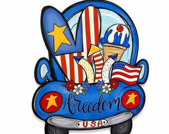 Patriotyczny wieszak na drzwi, dekoracja drzwi z okazji 4 lipca, duży letni znak na drzwi wejściowe USA, czerwono-biało-niebieska dekoracja Americana Freedom