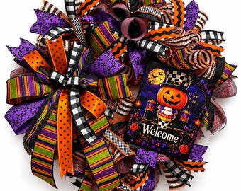 Wieniec na drzwi wejściowe na Halloween, Wieniec powitalny z dyni, Pomarańczowo-fioletowo-czarny wianek dekoracyjny z siatki, Fantazyjna dekoracja drzwi na Halloween