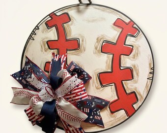 Patriotyczny wieszak na drzwi z motywem baseballu, okrągły, ręcznie malowany, czerwony, biały, niebieski, z kokardą, letni, sportowy, dekoracja drzwi wejściowych