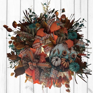 Teal & Orange Pumpkin Wreath: Rustic Farmhouse Fall Door Decor