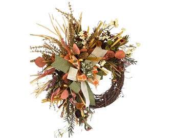 Rustic Fall Grapevine Wreath | Autumn Front Door Decor | Farmhouse Harvest Wreath with Orange & Green Bows |Neutral Thanksgiving Door Accent