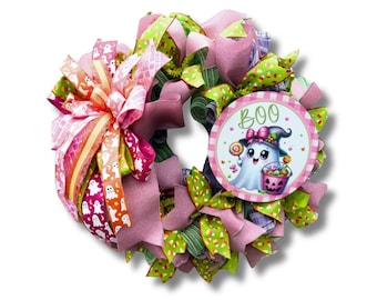 Cute Ghost Halloween Wreath | Pink & Green Candy Halloween Decor | Trick or Treat Door Wreath | Whimsical Boo Wreath for Front Door
