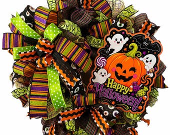 Wieniec z siatki na Halloween, Wieniec na Szczęśliwe Halloween, Dekoracja drzwi z dynią-duchem, Kolorowy wieniec na drzwi wejściowe na Halloween, Upiorna dekoracja ganku