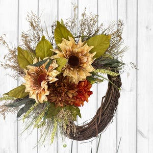Rustic Fall Wreath: Sunflowers, Dahlias, Autumn Grapevine Door Decor