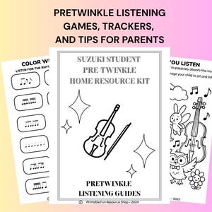 May include: A collection of black and white educational materials for parents, including listening games, trackers, and guides. The central image features a violin and bow, with text that reads "Suzuki Student Pre-Twinkle Home Resource Kit."