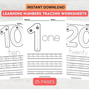 May include: Black and white printable tracing worksheets for learning numbers 10, 1, and 20. The worksheets include number tracing, number writing practice, and the words "ten", "one", and "twenty".