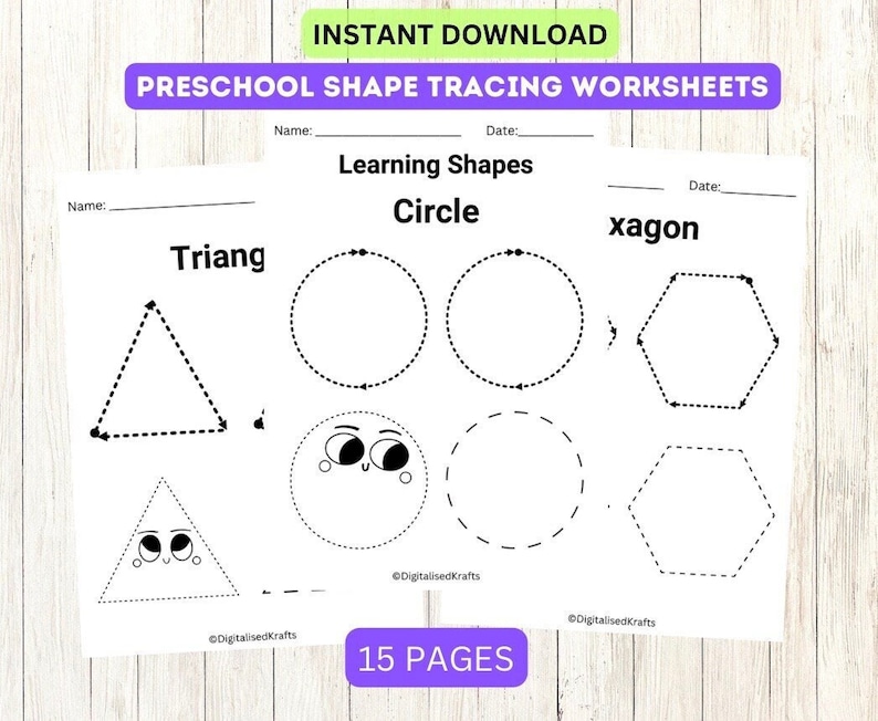 Peut inclure: Feuilles de travail d'apprentissage des formes pour la maternelle, imprimables en noir et blanc. Les feuilles de travail pr&eacute;sentent un triangle, un cercle et un hexagone. Les formes sont d&eacute;limit&eacute;es par des lignes pointill&eacute;es pour le tra&ccedil;age. Le texte "Learning Shapes" est en haut de la page. Le texte "Circle", "Triang" et "xagon" est en haut de chaque forme. Le texte "15 PAGES" est en bas de la page.