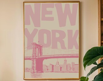 New York City Art Print, Retro Statue of Liberty Poster, Vintage Brooklyn Bridge NYC Printable, Trendy Minimalist Decor, Vintage Poster Pink