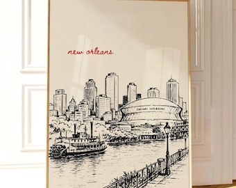 New Orleans Poster, New Orleans Wall Art, New Orleans Skyline Print, Caesars Superdome, Louisiana Travel Poster, Mississippi Cityscape Art