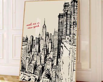 Póster de la ciudad de Nueva York, impresión retro en blanco y negro de bocetos de Nueva York, póster de Nueva York, arte mural de chica del centro, dibujado a mano, decoración moderna para dormitorios universitarios.