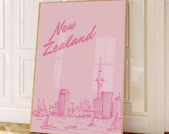 Pink New Zealand Poster, Auckland Skyline & Sailboats Harbour, Retro Travel Print, Minimalist Coastal Wall Art, Digital Download