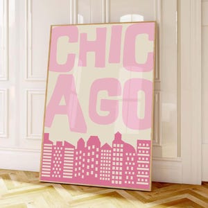 Chicago Poster Pink, Chicago Illinois Print Minimalist, Trendy Vintage Travel Wall Art, Modern Home & Office Decor for the Girls, Printable