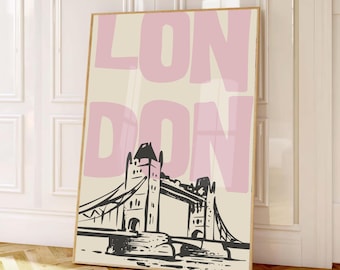 London Poster Pink Black, Tower Bridge Print, Hand Drawn London Wall Art, Minimalist Vintage Travel Art, UK Skyline Printable Decor, Digital