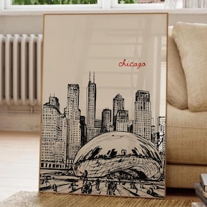 Chicago Poster, Chicago Skyline Digital Cloud Gate Bean Art The Bean Chicago Poster Millennium Park Illustration Travel Hand-Drawn Cityscape