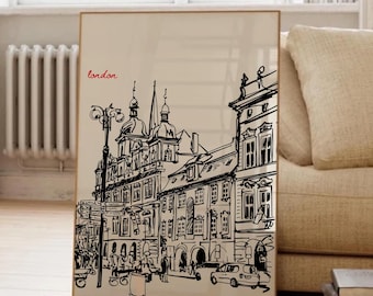 London Street Scene Art Print, Hand-Drawn Black & White London Poster, Minimalist City Sketch with Red Text, Modern Wall Decor, Printable