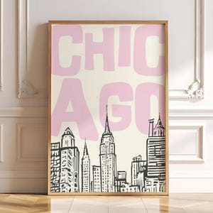 Chicago Poster Pink, Chicago Illinois Print Minimalist, Trendy Vintage Travel Wall Art, Modern Home & Office Decor for the Girls, Printable