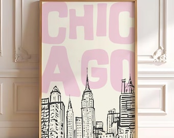 Pink Chicago Skyline Print, Trendy Travel Poster (Digital Download)