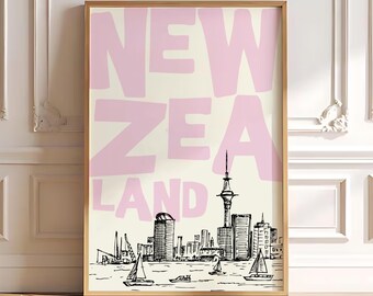 Pink New Zealand Poster, Auckland Skyline Sailboat Harbour Retro Travel Print Minimalist Digital Download Trendy Dorm Wall Decor travel girl