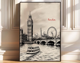 London Poster, London Skyline Big Ben Wall Art, London Eye Print, Thames River Cityscape, London Travel Poster, Minimalist Line Art