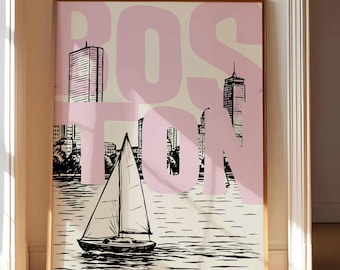 Boston Poster Boston Skyline Print Coastal Wall Art Pink City Poster Black Line Art Minimalist Boston Wall Decor Modern Travel Digital Print