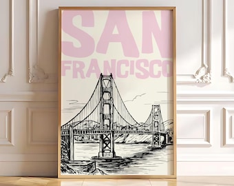San Francisco Poster, San Fran Wall Art, Golden Gate Bridge Print, Pink City Poster, Feminine Travel Print, Minimalist California Decor