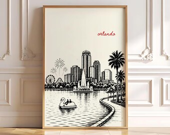 Orlando Poster, Orlando Florida Wall Art, Orlando Travel Poster, Disney World Vacation Print, Orlando Skyline, Lake Eola Art, Digital