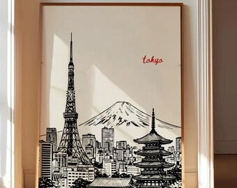 Tokyo Poster, Tokyo Skyline Print, Japan Travel Wall Art Tower Mount Fuji Illustration, Japanese Cityscape Drawing, Hand Drawn Travel Poster