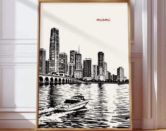 Miami Poster, Miami Skyline Print, Miami Beach Wall Art, Biscayne Bay Boat Illustration, Florida Travel Poster, Hand Drawn Cityscape Art