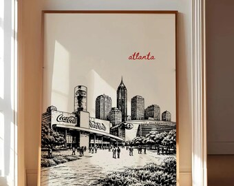 Atlanta Poster, Atlanta Skyline Print Coca Cola Atlanta Wall Art Atlanta Cityscape Illustration Georgia Travel Poster Hand Drawn Skyline Art