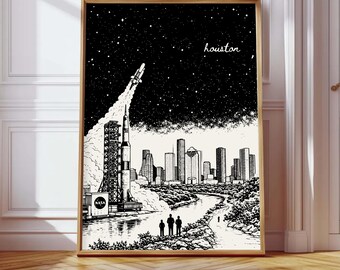 Houston Poster, Houston Skyline NASA Rocket Art, Space City Houston Wall Art, Texas Cityscape Print, Houston Texas Travel Poster, Minimalist