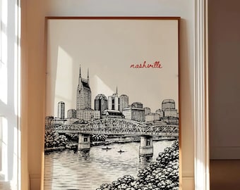 Nashville Poster, Nashville Skyline Wall Art, Music City Print, Nashville Tennessee Cityscape, Cumberland River Bridge Art, Travel Poster