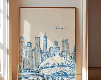 Chicago Poster, The Bean Chicago Wall Art Cloud Gate Print Chicago Skyline Poster Millennium Park Art Chicago Travel Poster Digital Download
