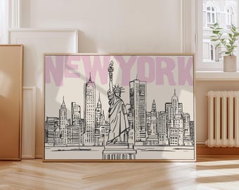 New York City Art Print, Pink NYC Poster, Statue of Liberty Cityscape Print, Preppy Minimalist New York Wall Art, Girly Pink Decor, Digital