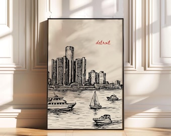 Detroit Poster, Black and White Skyline Wall Art, Detroit Waterfront Sketch Print, Minimal City Line Drawing, Michigan Travel Poster