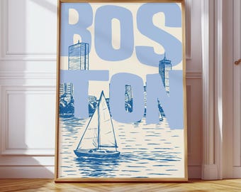 Boston Poster, Boston Skyline Print, Coastal Wall Art, Blue City Poster, Minimalist Boston Wall Decor, Modern Travel Print, Digital Download