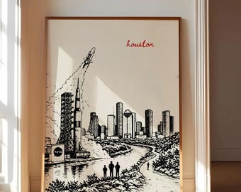 Houston Poster, Houston Wall Art, NASA Poster, Houston Skyline Print, Texas Travel Poster, Space City Wall Art, Houston Cityscape Decor
