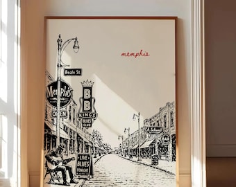 Memphis Poster, Beale Street Wall Art, Memphis Tennessee Print, Blues Music Decor, Memphis Cityscape Poster, Beale Street Blues Illustration