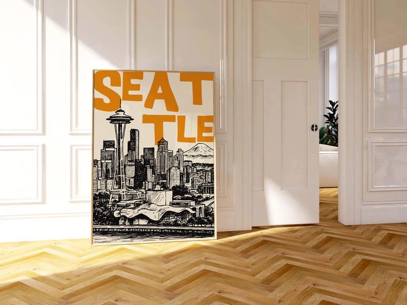 Large Letters Seattle Seattle Skyline Art Print, Space Needle, Modern Cityscape (digital ...