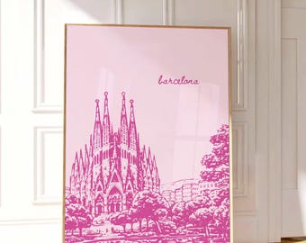 Pink Barcelona Poster, Barcelona Wall Art, Sagrada Familia Print, Barcelona Skyline Poster, Girly Dorm Room Art, Preppy Travel Print, Spain