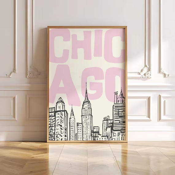 Pink Chicago Skyline Print, Trendy Travel Poster (Digital Download)
