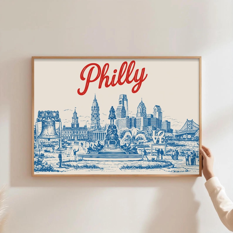 Red Blue Philadelphia Poster, Philly Skyline Digital Print ...