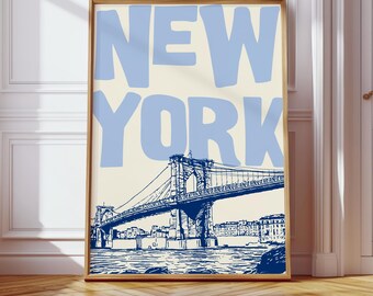 New York Poster, Light Blue NYC Wall Art, Modern City Print, Minimalist New York Decor, Brooklyn Bridge Poster, Scandinavian Apartment Print